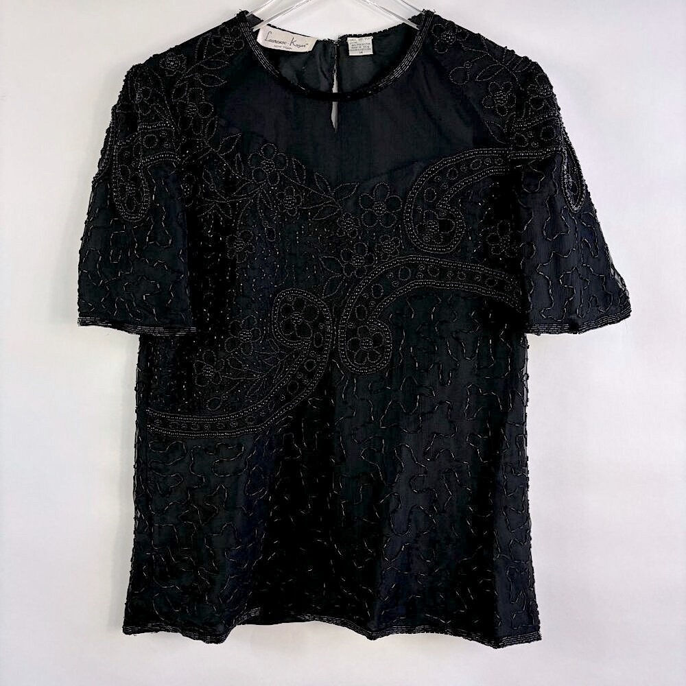 Vintage womens Black beaded top M shirt 90s silk Whimsigoth victorian Kozar
